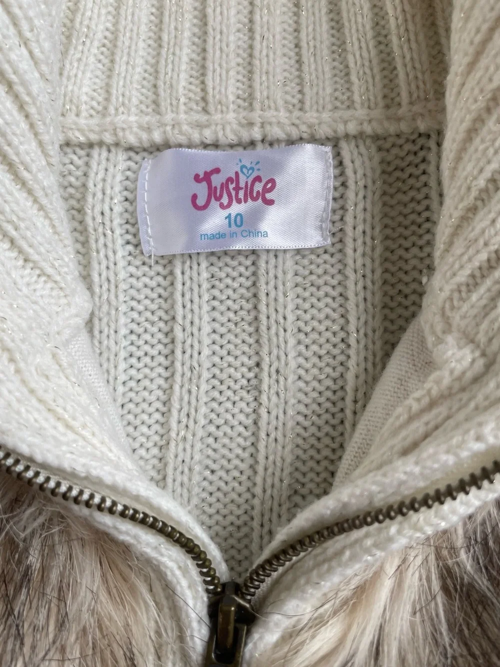 Justice Cream Cable Knit Vest with Faux Fur Trim